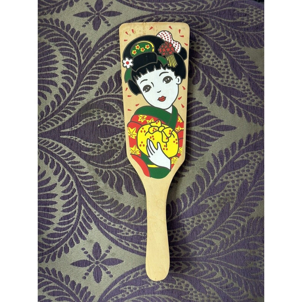 Vintage Hagoita Hanetsuki Geisha Girl Painted Wooden Paddle